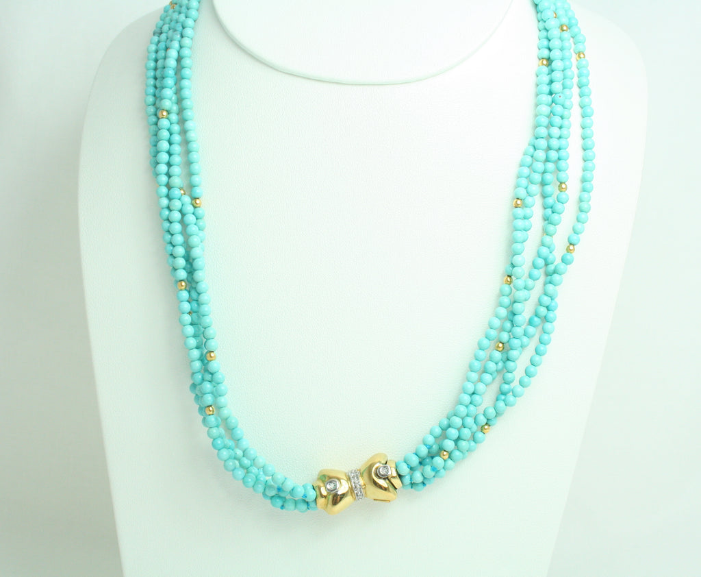 Collana torchon in Turchese con chiusura in Oro Giallo e Diamanti