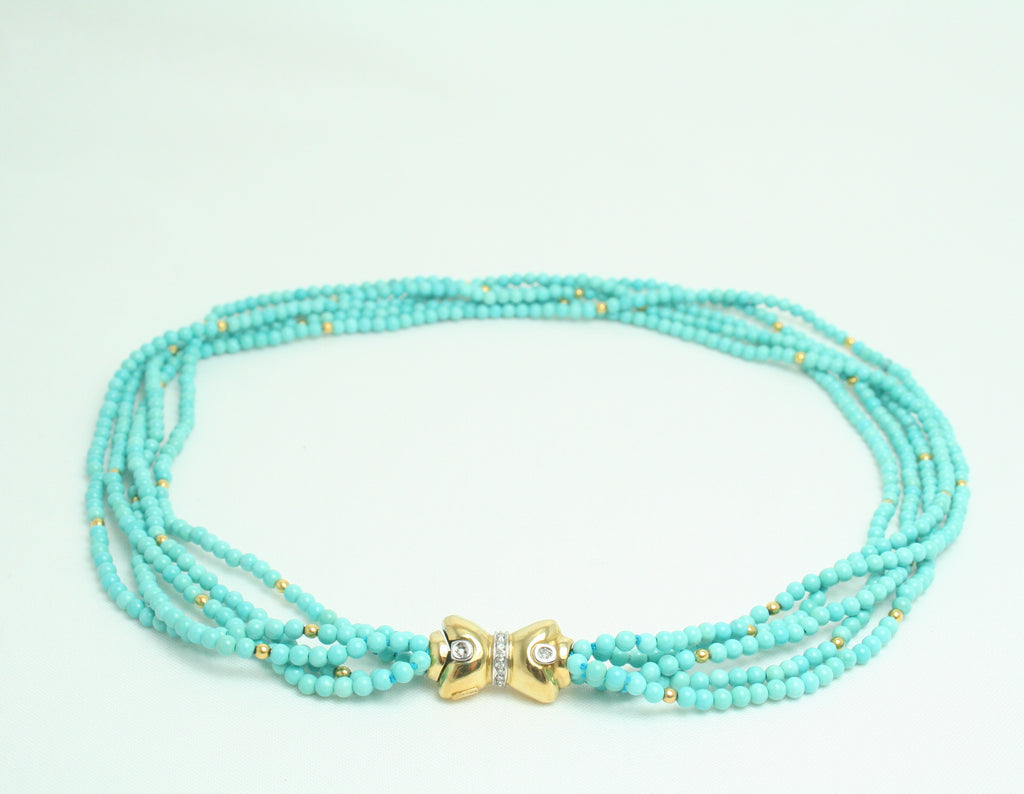 Collana torchon in Turchese con chiusura in Oro Giallo e Diamanti