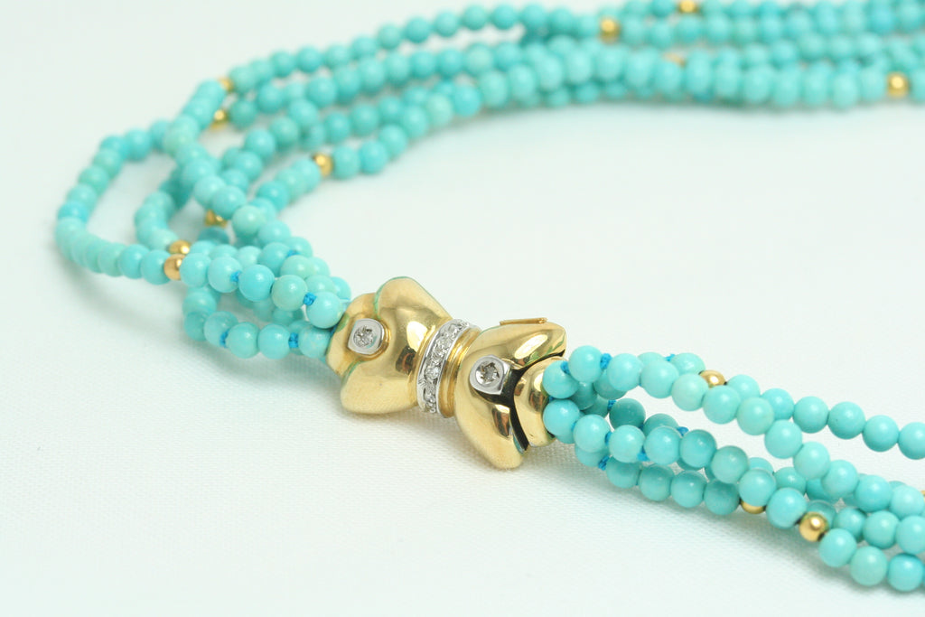 Collana torchon in Turchese con chiusura in Oro Giallo e Diamanti